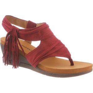 Bearpaw Avril Redwood Faux Suede Fringe Thong Wedges